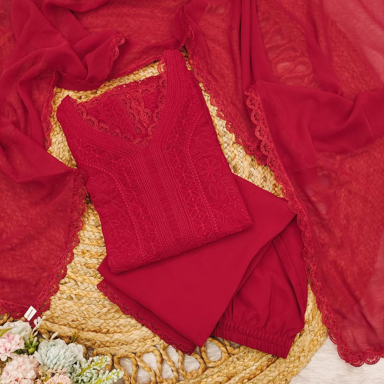 Red Georgette Chikankari Embroidery Kurta With Pant And Dupatta For Women