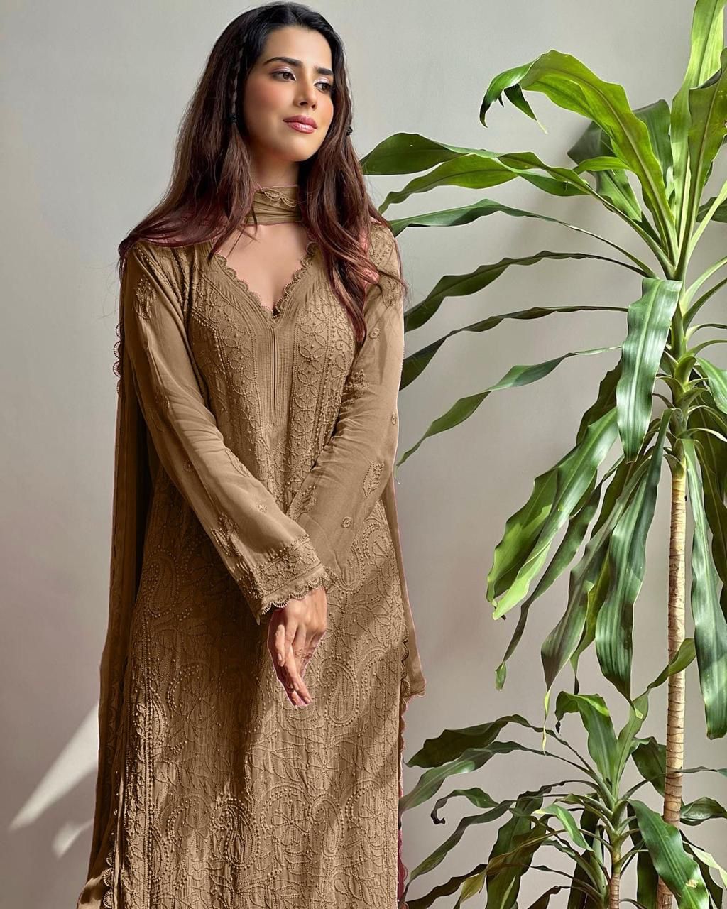 Brown Georgette Chikankari Embroidery Kurta With Pant And Dupatta For Women