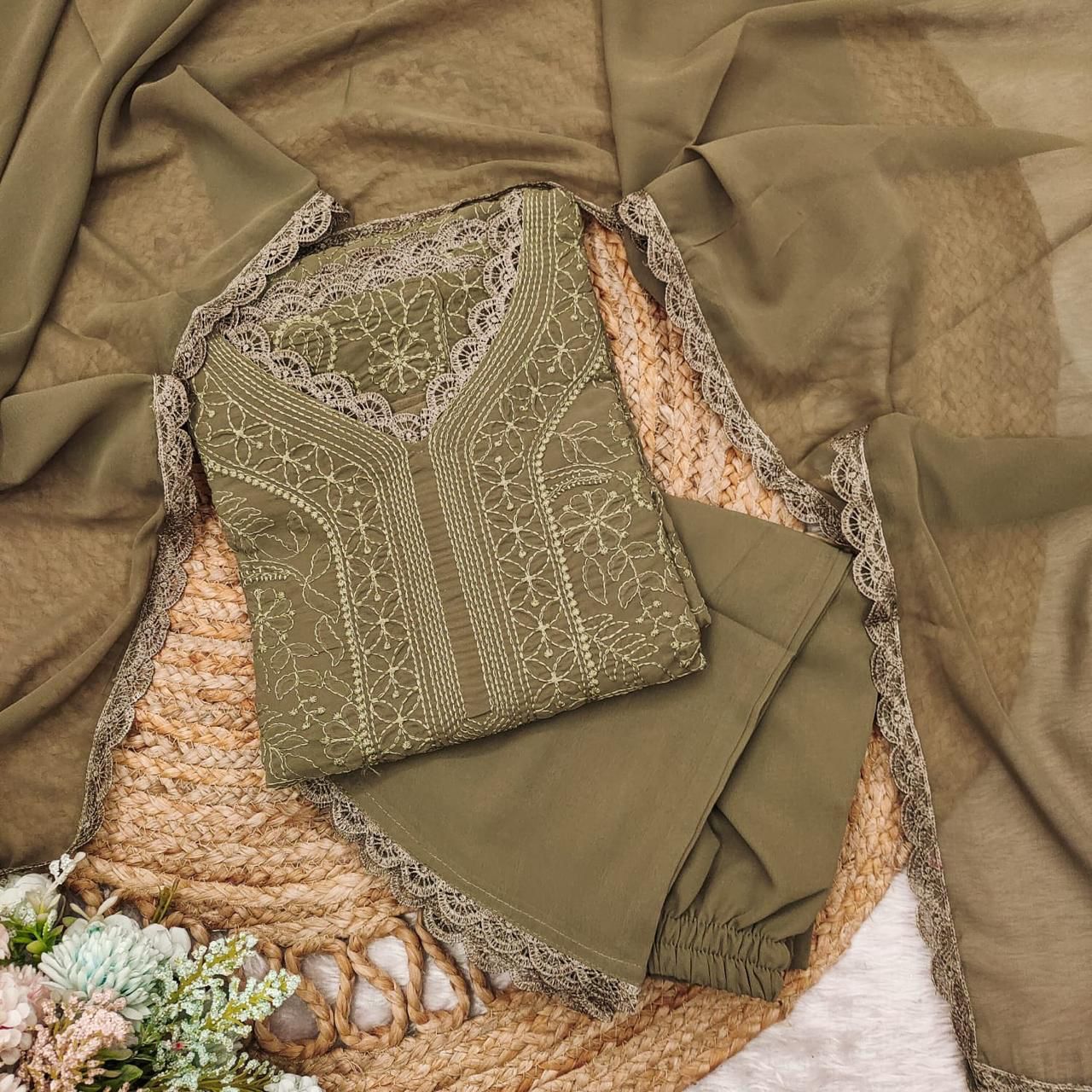 Brown Georgette Chikankari Embroidery Kurta With Pant And Dupatta For Women