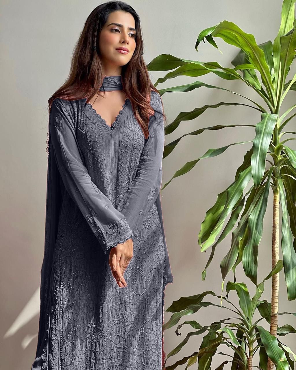 Gray Georgette Chikankari Embroidery Kurta With Pant And Dupatta For Women