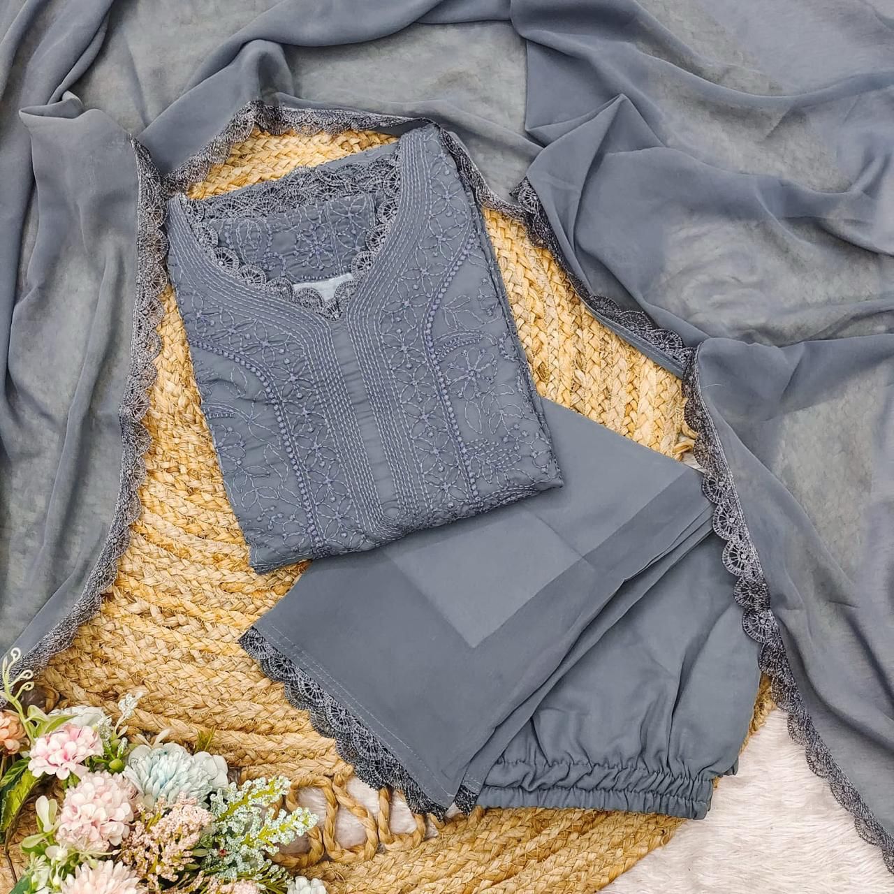 Gray Georgette Chikankari Embroidery Kurta With Pant And Dupatta For Women