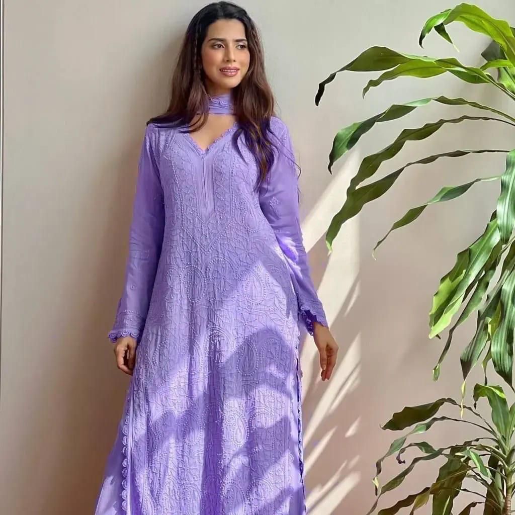 Lavender Georgette Chikankari Embroidery Kurta With Pant And Dupatta For Women
