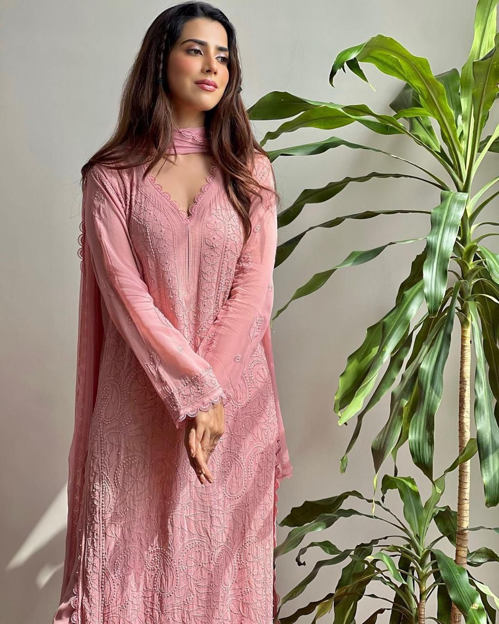 Pastel Pink Georgette Chikankari Embroidery Kurta With Pant And Dupatta For Women