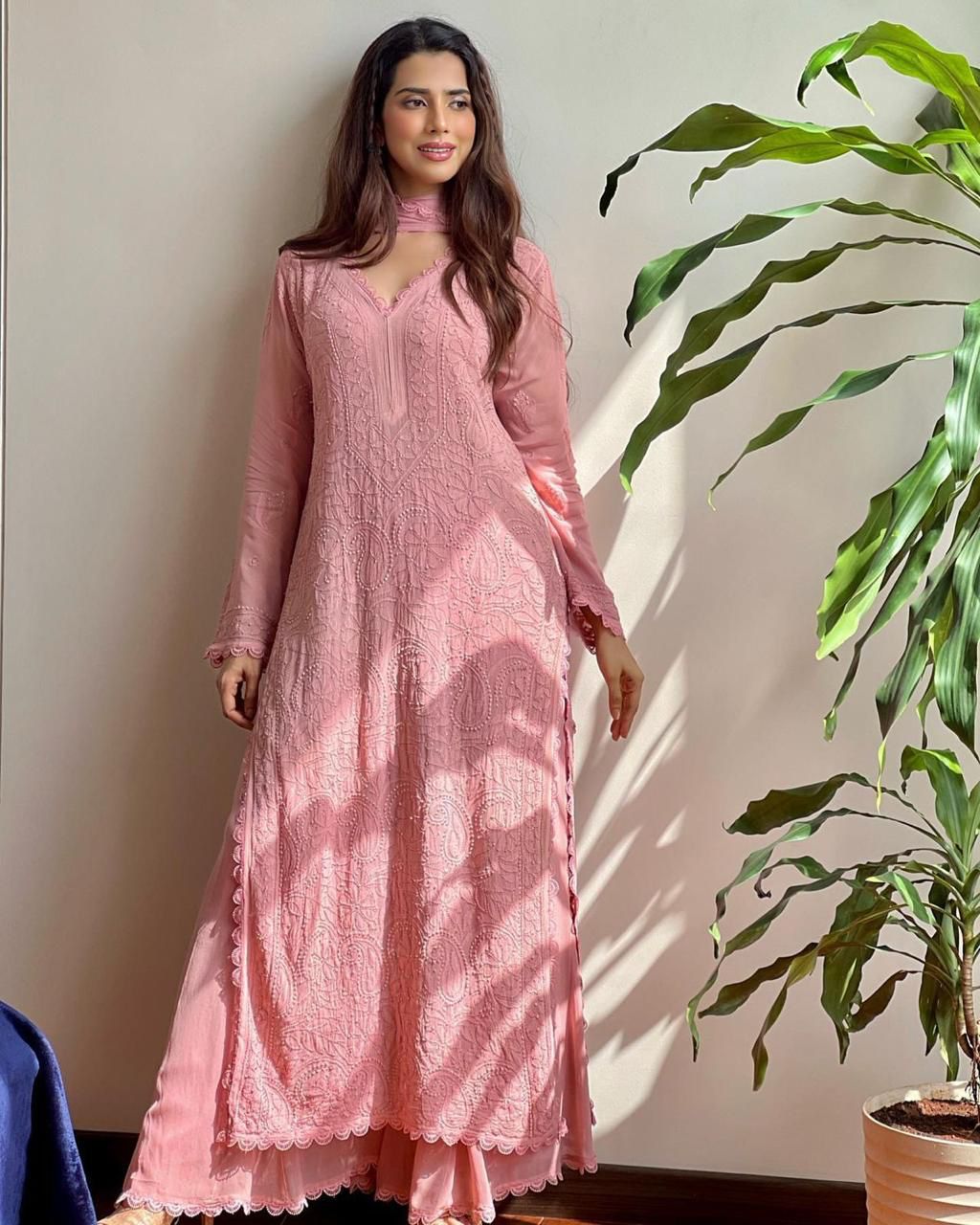 Pastel Pink Georgette Chikankari Embroidery Kurta With Pant And Dupatta For Women