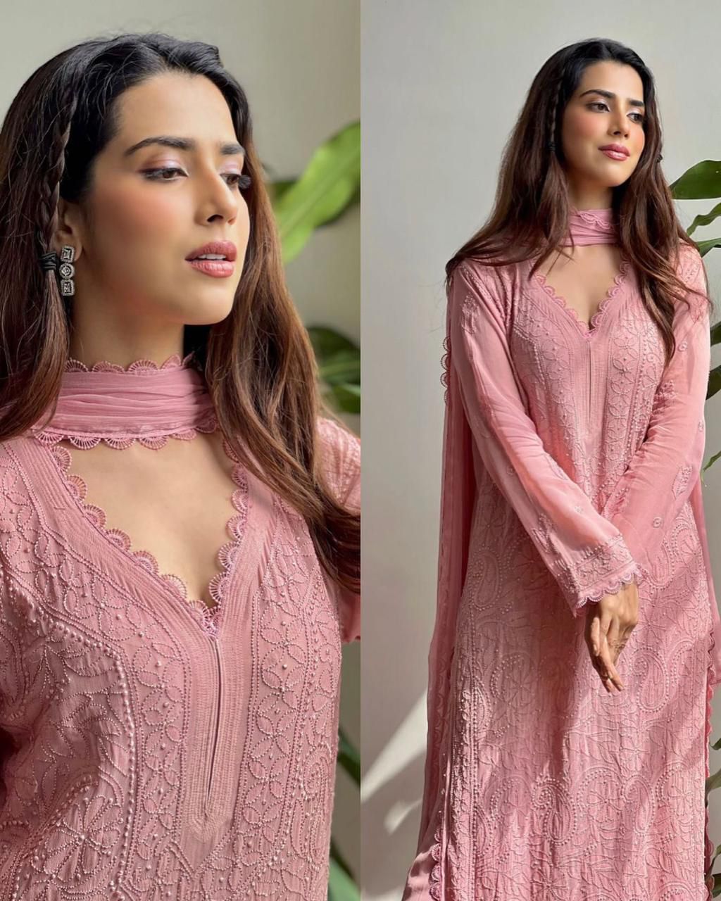 Pastel Pink Georgette Chikankari Embroidery Kurta With Pant And Dupatta For Women
