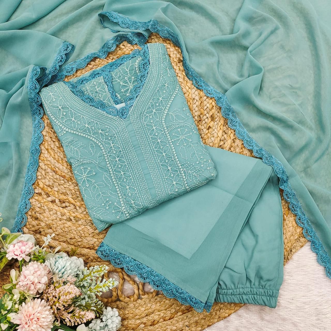 Pastel Teal Georgette Chikankari Embroidery Kurta With Pant And Dupatta For Women