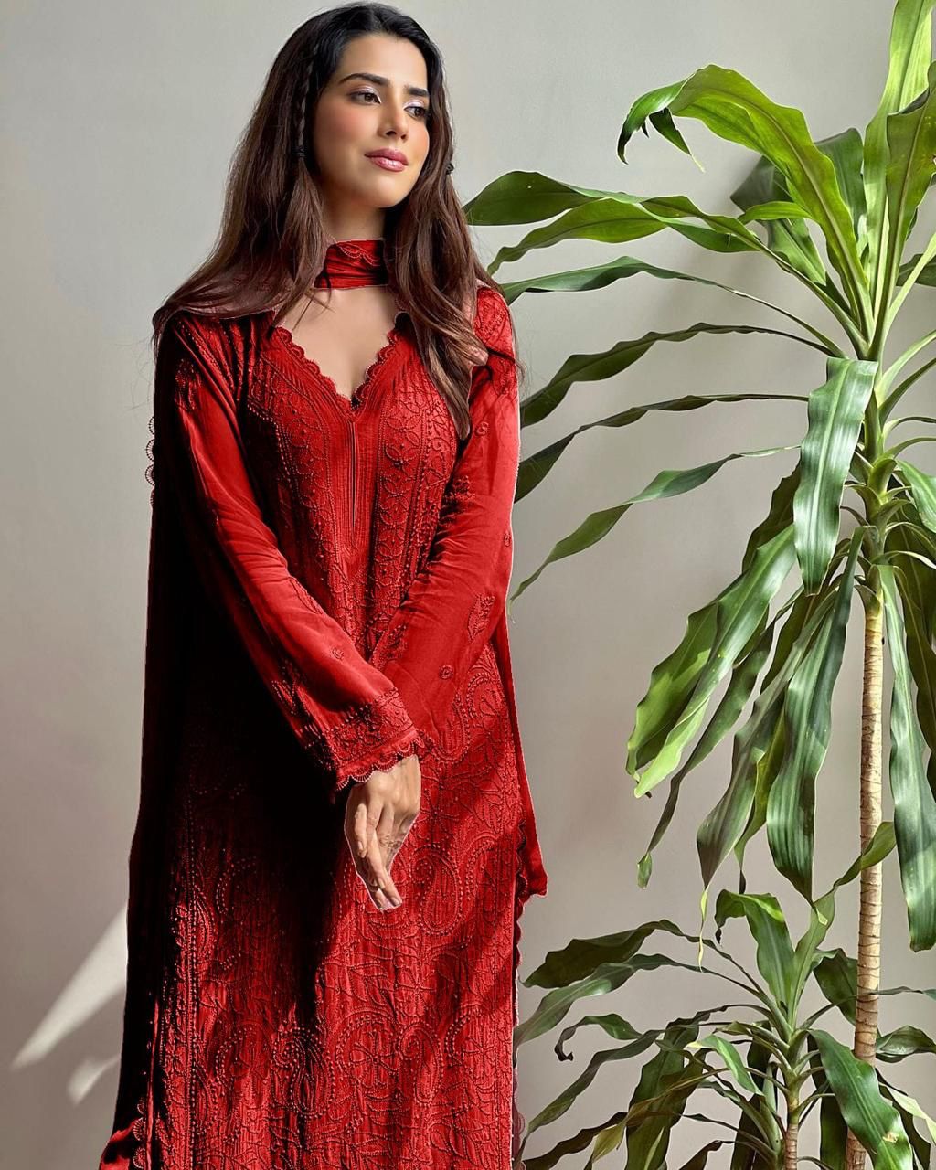 Red Georgette Chikankari Embroidery Kurta With Pant And Dupatta For Women