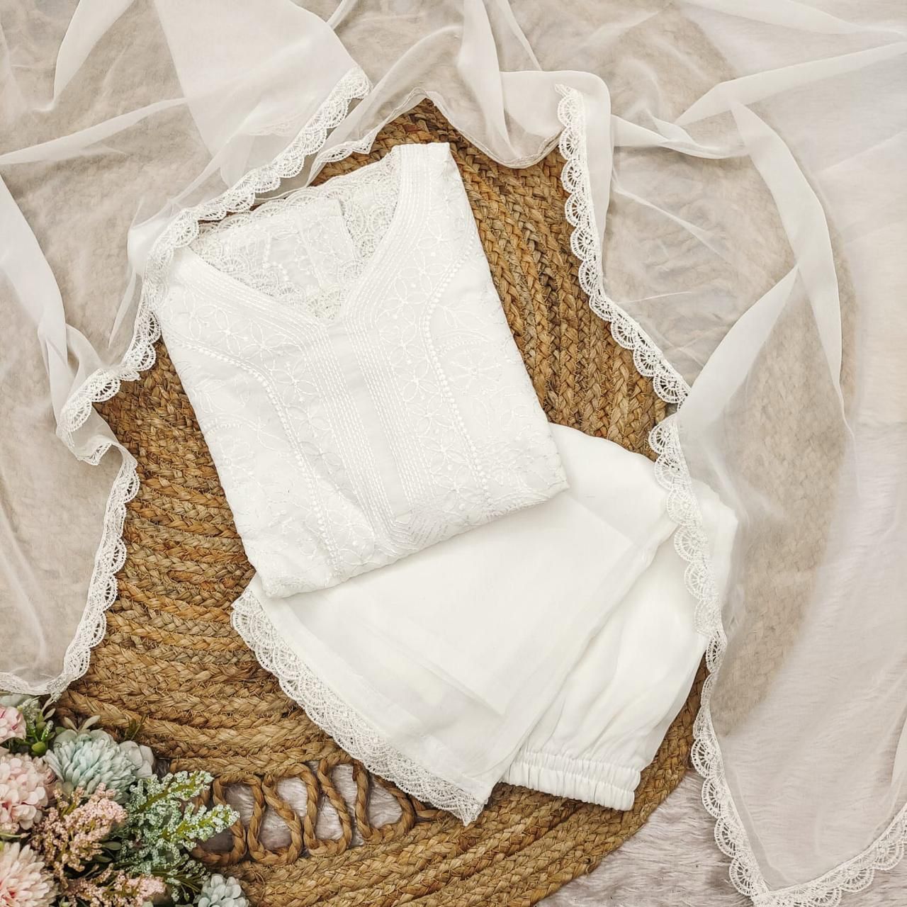 White Georgette Chikankari Embroidery Kurta With Pant And Dupatta For Women