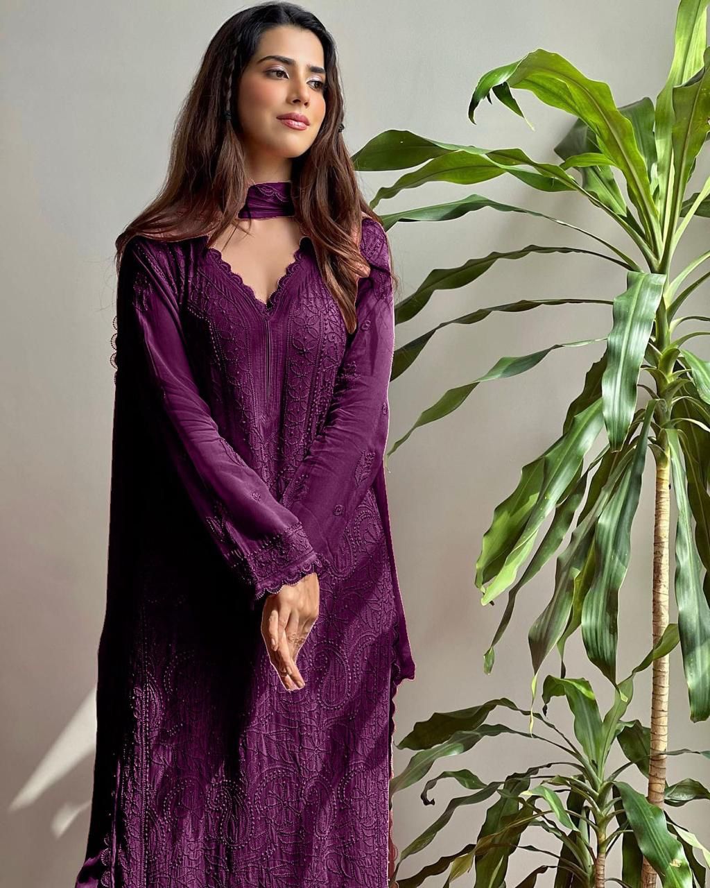 Wine Georgette Chikankari Embroidery Kurta With Pant And Dupatta For Women