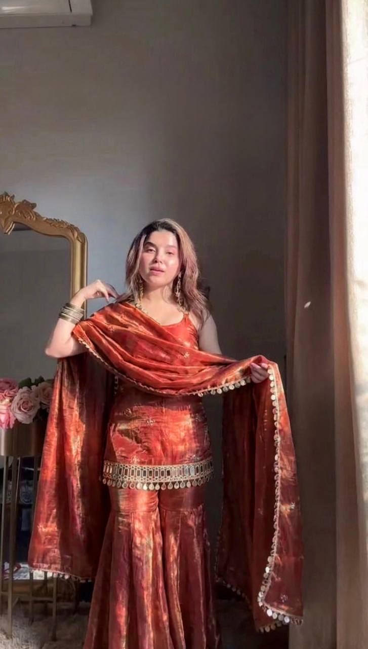 Designer Mirror Work Kurta Palazzo Set for Women – Fendy Silk Party Wear Suit with Dupatta | Wedding, Sangeet