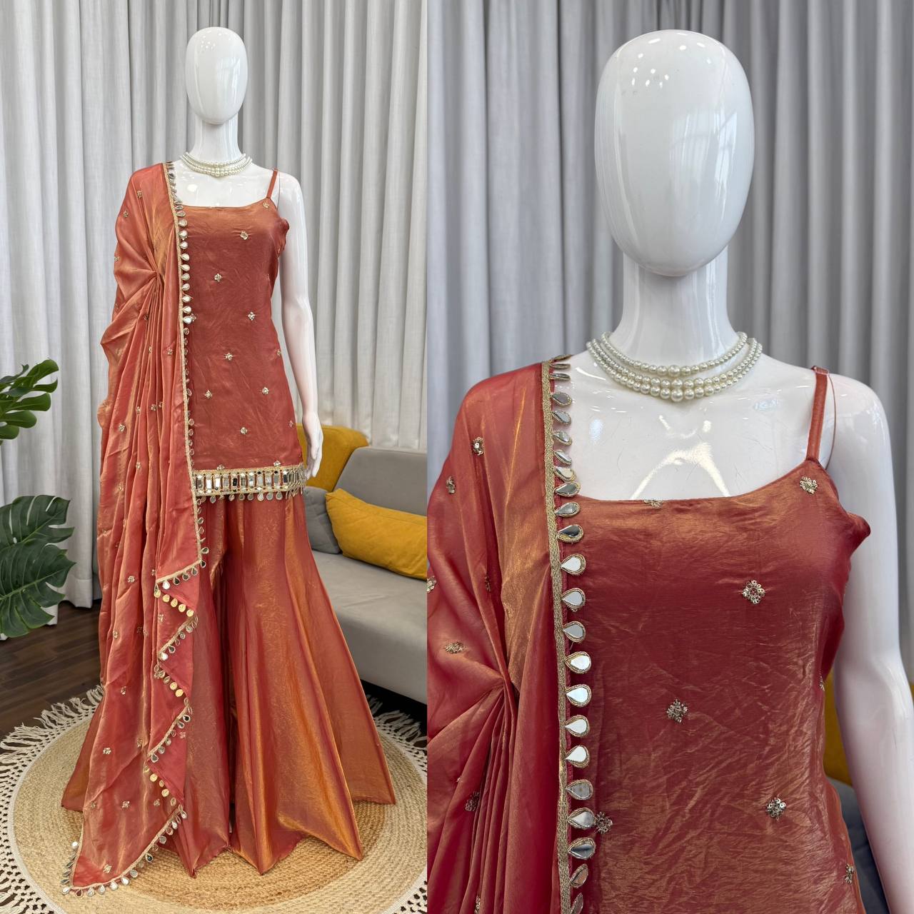 Designer Mirror Work Kurta Palazzo Set for Women – Fendy Silk Party Wear Suit with Dupatta | Wedding, Sangeet