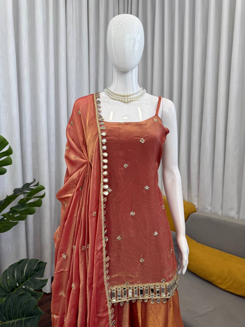 Designer Mirror Work Kurta Palazzo Set for Women – Fendy Silk Party Wear Suit with Dupatta | Wedding, Sangeet