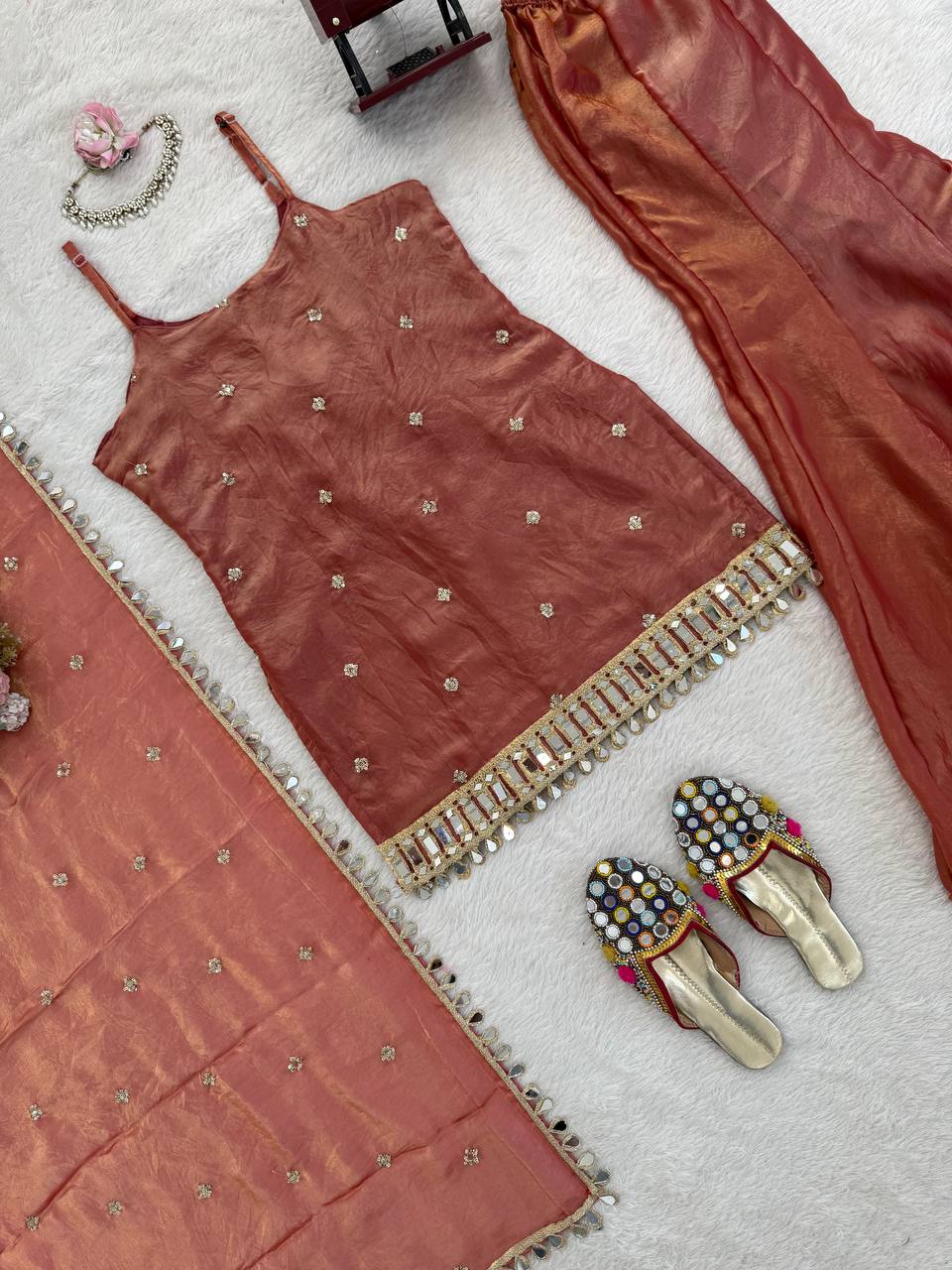 Designer Mirror Work Kurta Palazzo Set for Women – Fendy Silk Party Wear Suit with Dupatta | Wedding, Sangeet