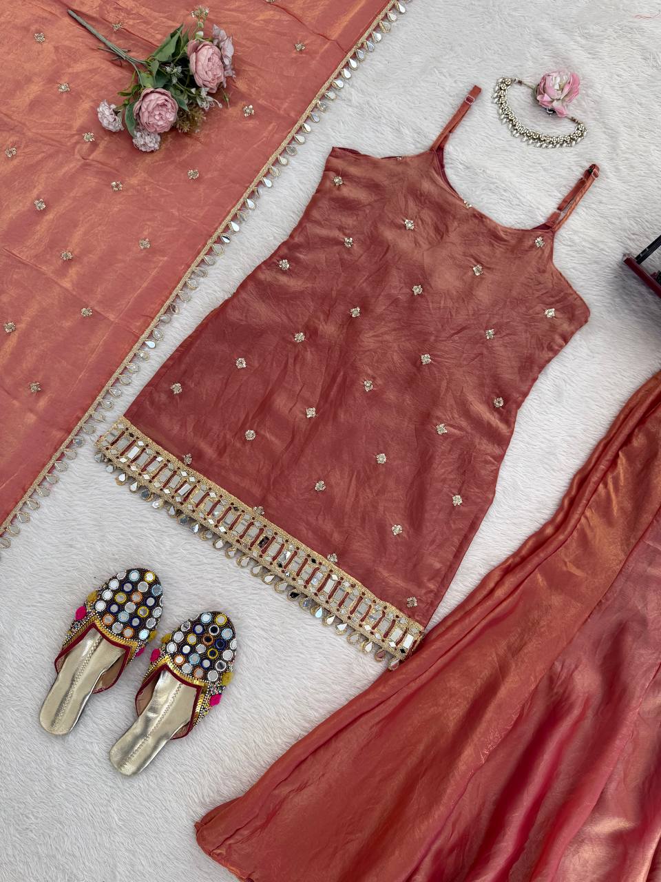 Designer Mirror Work Kurta Palazzo Set for Women – Fendy Silk Party Wear Suit with Dupatta | Wedding, Sangeet