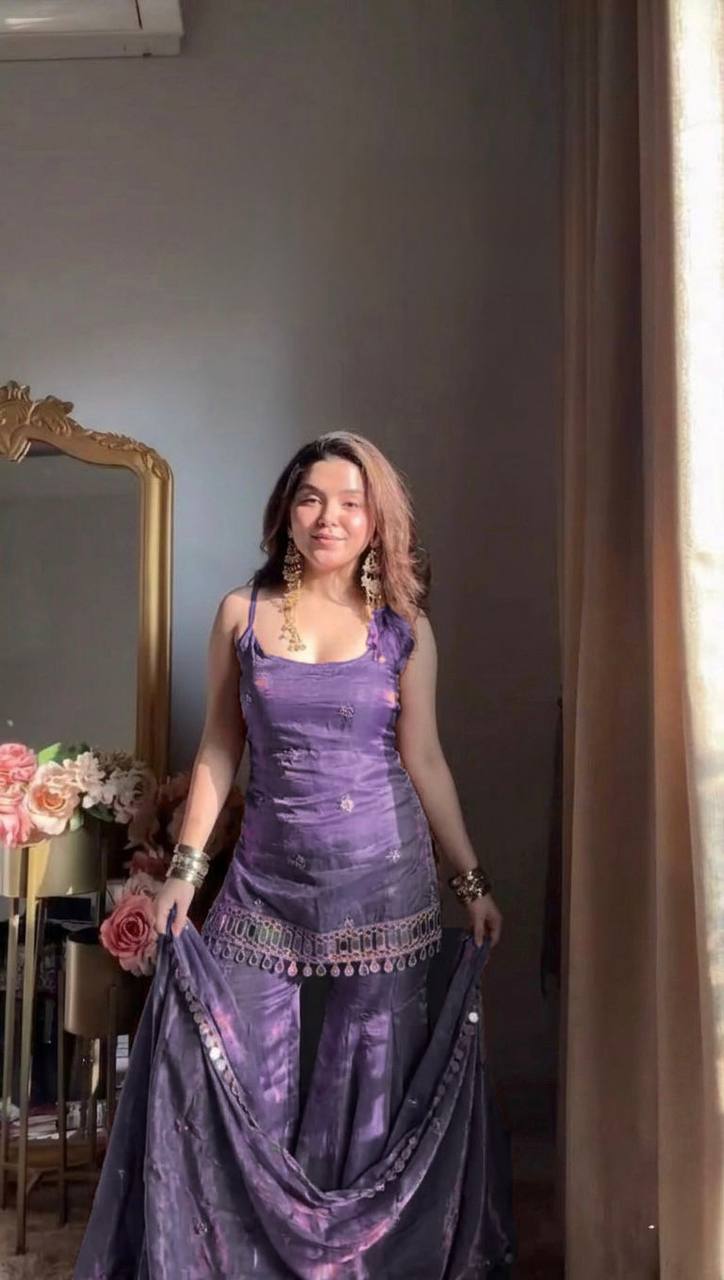 Designer Mirror Work Kurta Palazzo Set for Women – Fendy Silk Party Wear Suit with Dupatta | Wedding, Sangeet