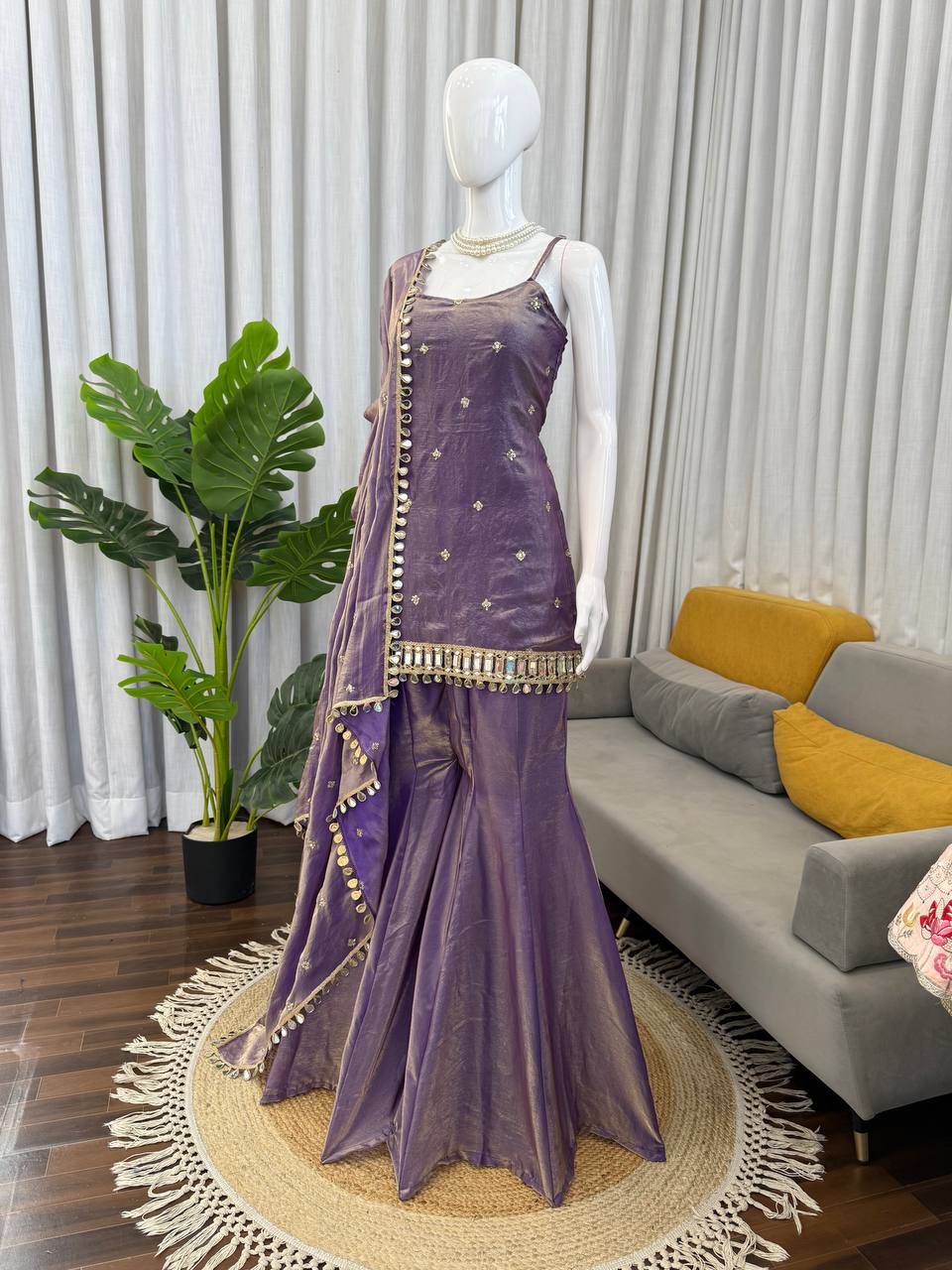 Designer Mirror Work Kurta Palazzo Set for Women – Fendy Silk Party Wear Suit with Dupatta | Wedding, Sangeet