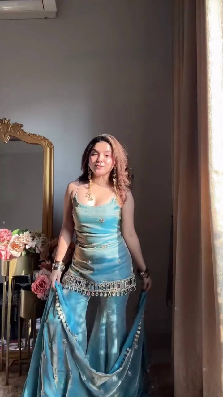 Designer Mirror Work Kurta Palazzo Set for Women – Fendy Silk Party Wear Suit with Dupatta | Wedding, Sangeet (Copy)