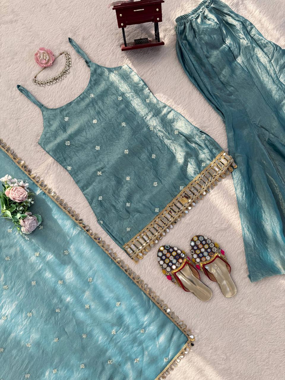 Designer Mirror Work Kurta Palazzo Set for Women – Fendy Silk Party Wear Suit with Dupatta | Wedding, Sangeet (Copy)