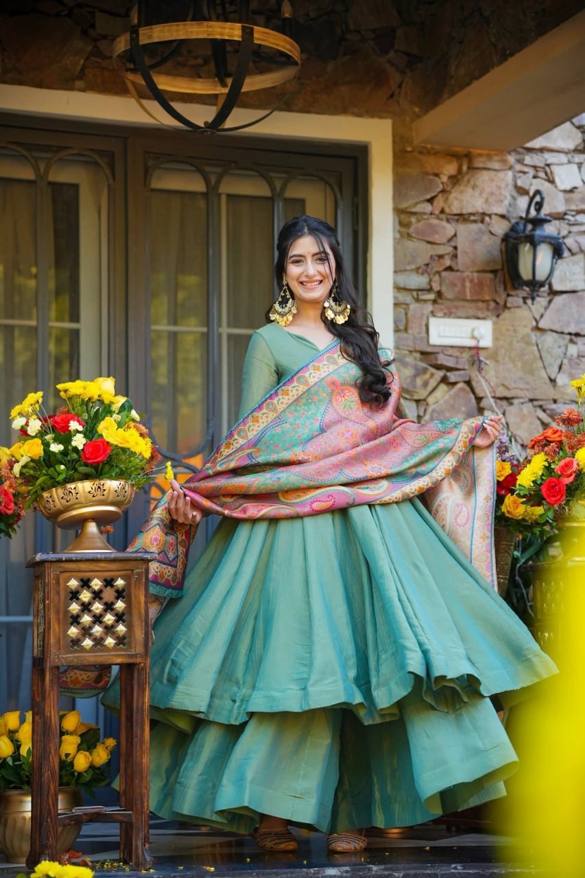 Festive Wear Mehendi Green Kurti Sharara Set with Designer Dupatta
