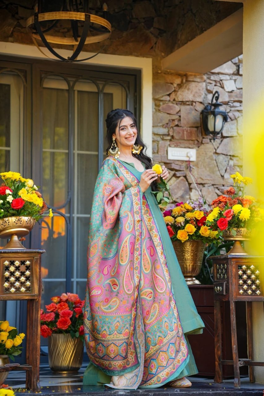 Festive Wear Mehendi Green Kurti Sharara Set with Designer Dupatta