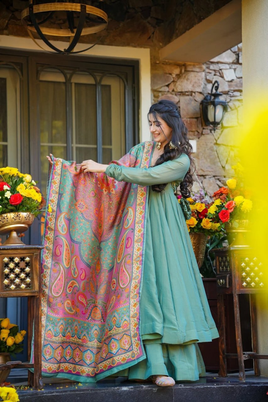 Festive Wear Mehendi Green Kurti Sharara Set with Designer Dupatta