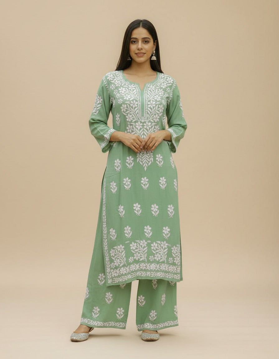 Mustard Khadi Cotton Embroidered Kurti Pant Set For Women